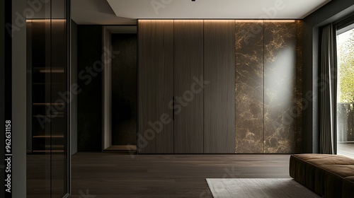 Modern wardrobe with dark wood and marble panels in a luxurious interior