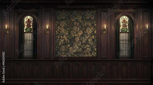Luxurious Victorian room with ornate wallpaper and wooden panels