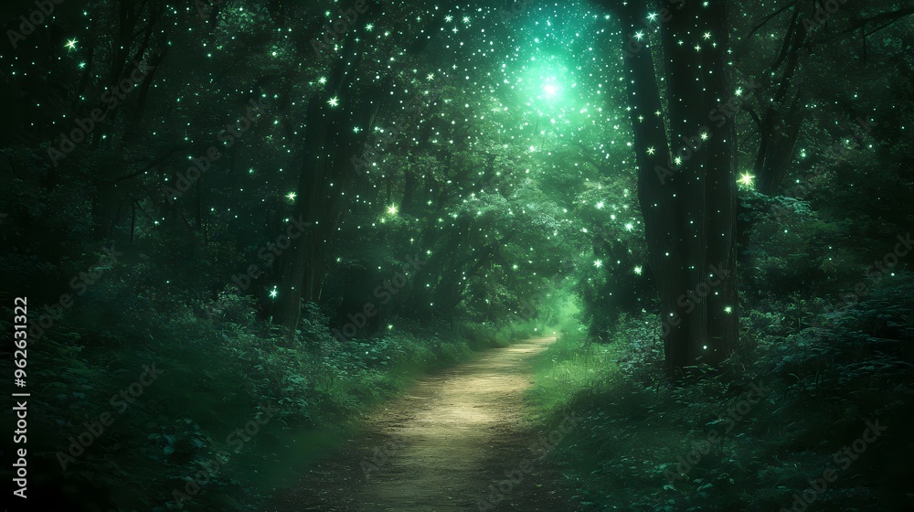 A magical forest path illuminated by fireflies and a distant light, creating an enchanting atmosphere. A magical forest path illuminated by fireflies and a distant light, creating an enchanting atmosphere.