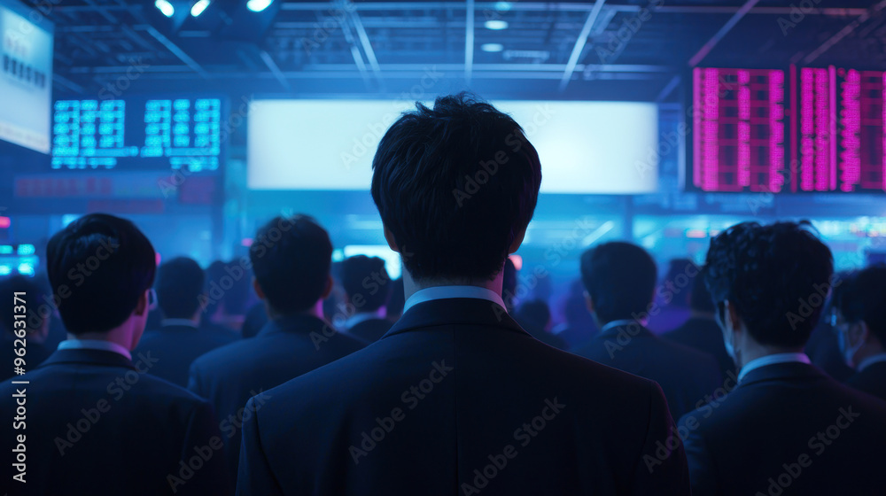Fototapeta premium A group of men in suits are standing in front of a large screen with a lot of nu
