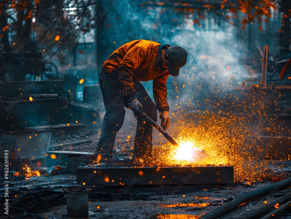 Worker Cutting Metal With Sparks and Smoke Worker Cutting Metal With Sparks and Smoke