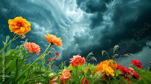 summer rain shower in a lush garden, with raindrops glistening on vibrant flowers and a dramatic sky filled with dark clouds and occasional sunshine, with copy space for text photo