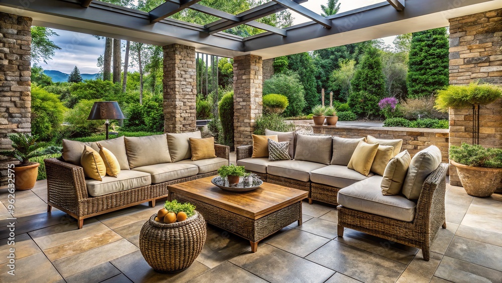 Elegant wicker sofas and plush cushions adorn a sprawling stone patio, surrounded by lush greenery and accented with sleek glass and metal decor. Elegant wicker sofas and plush cushions adorn a sprawling stone patio, surrounded by lush greenery and accented with sleek glass and metal decor.