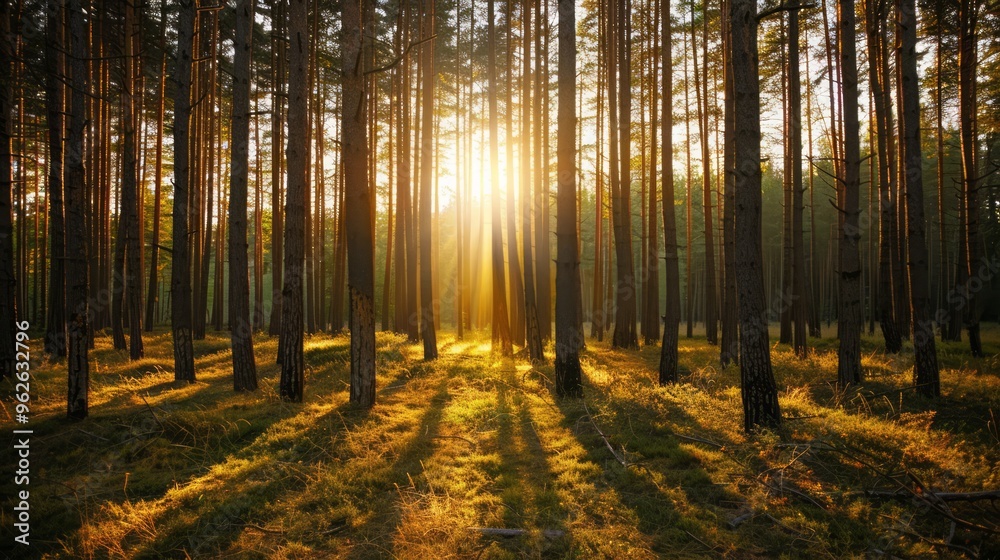 Naklejka premium golden sunlight filtering through a grove of tall trees, casting long shadows and creating a warm, peaceful atmosphere in the forest, with clear copy space for text