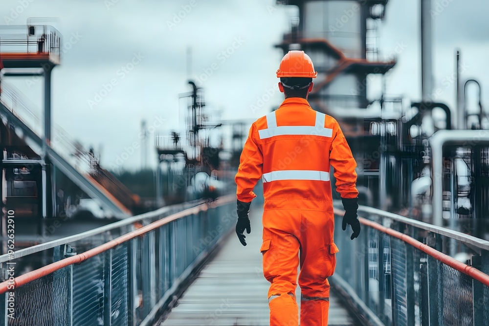 Industrial Worker in Safety Gear Walking on a Platform Industrial Worker in Safety Gear Walking on a Platform