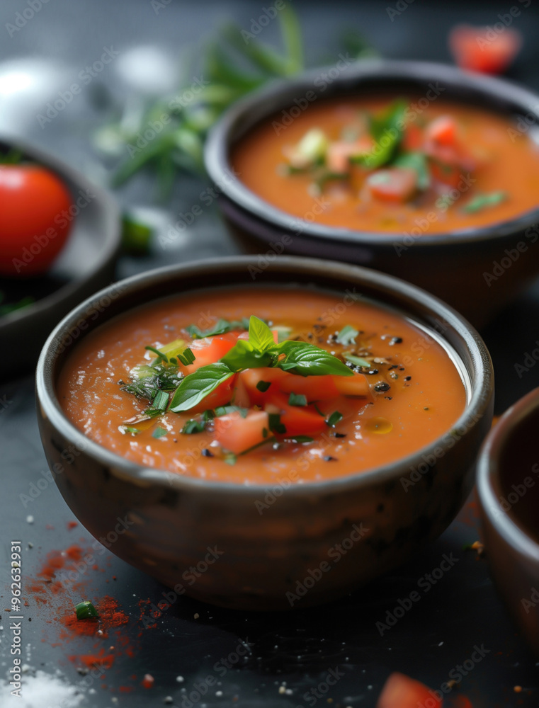 Food photography of gazpacho with fresh herbs and vegetables on dark background