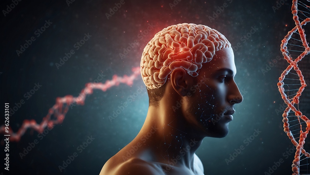 A person's head with a brain and a downward trending graph. A person's head with a brain and a downward trending graph.