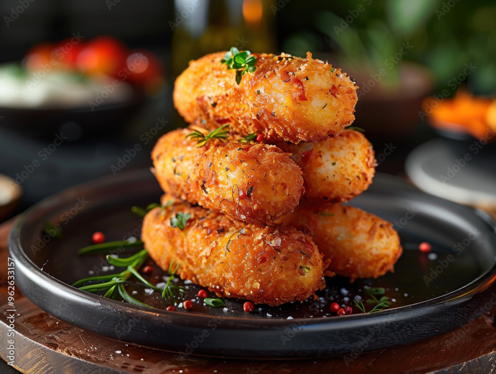 Traditional Spanish croquettes served in a rustic setting, Close up photography Traditional Spanish croquettes served in a rustic setting, Close up photography