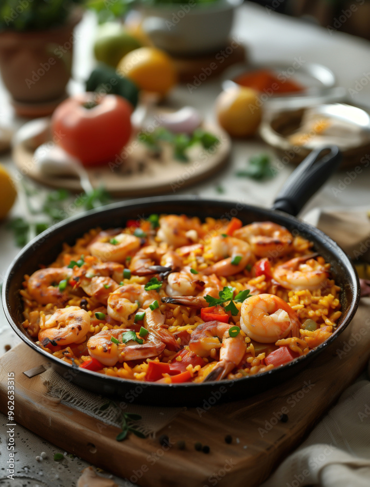 Authentic Mediterranean Paella with shrimp in a cast iron pan Authentic Mediterranean Paella with shrimp in a cast iron pan