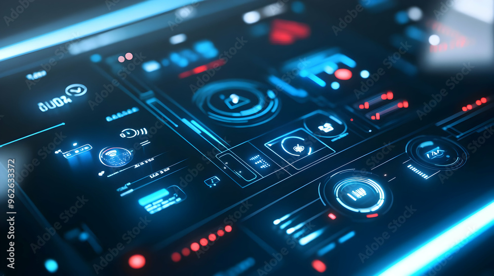 Futuristic Interface 3D Illustration with Glowing Blue and Red Lights Futuristic Interface 3D Illustration with Glowing Blue and Red Lights