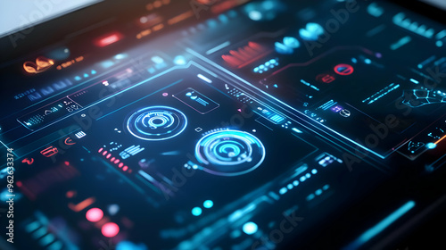 Futuristic Interface Design with Glowing Blue Lines and Circles 3D Illustration