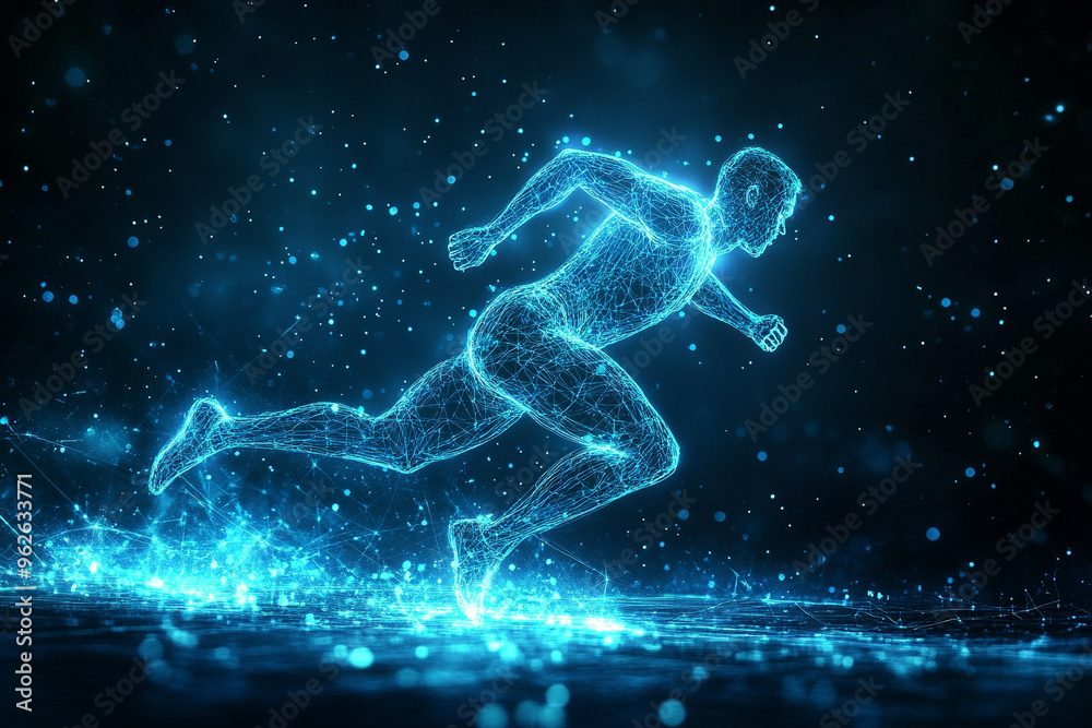Blue glowing wireframe hologram athlete running Blue glowing wireframe hologram athlete running