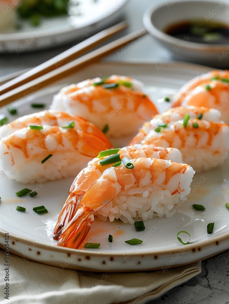Close up photo of Ebi Nigiri shrimp sushi with rosemary on a light plate Close up photo of Ebi Nigiri shrimp sushi with rosemary on a light plate