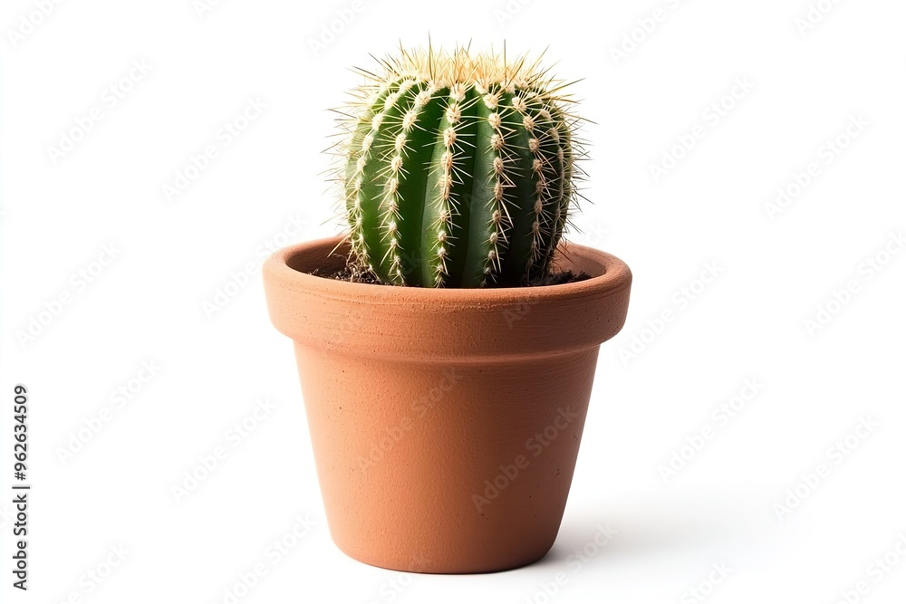 A cactus in a terracotta pot on a white background. A cactus in a terracotta pot on a white background.