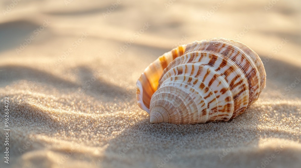 A close-up of a beautifully patterned seashell resting on soft, golden sand.