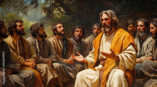 Jesus teaching to disciples, classical art style, warm colors,