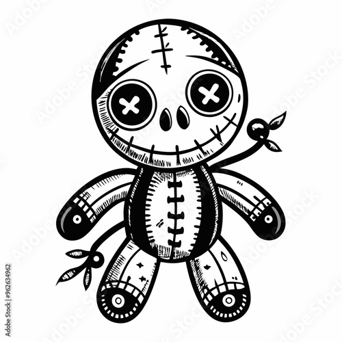 Whimsical Black and White Voodoo Doll Illustration with Button Eyes and Stitched Details