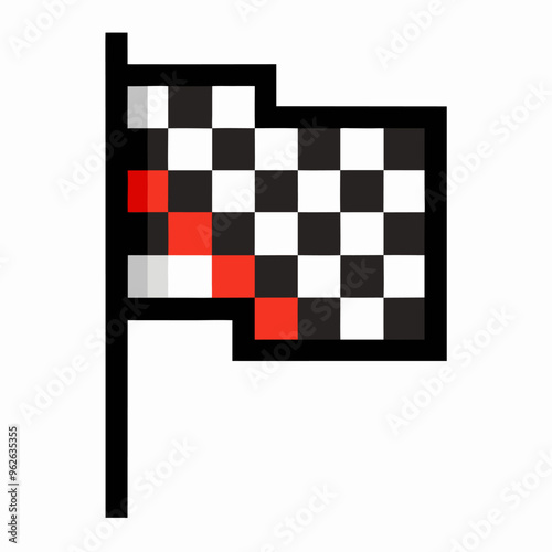 Pixelated Checkered Racing Flag Icon with Red Detail on Black and White Pattern
