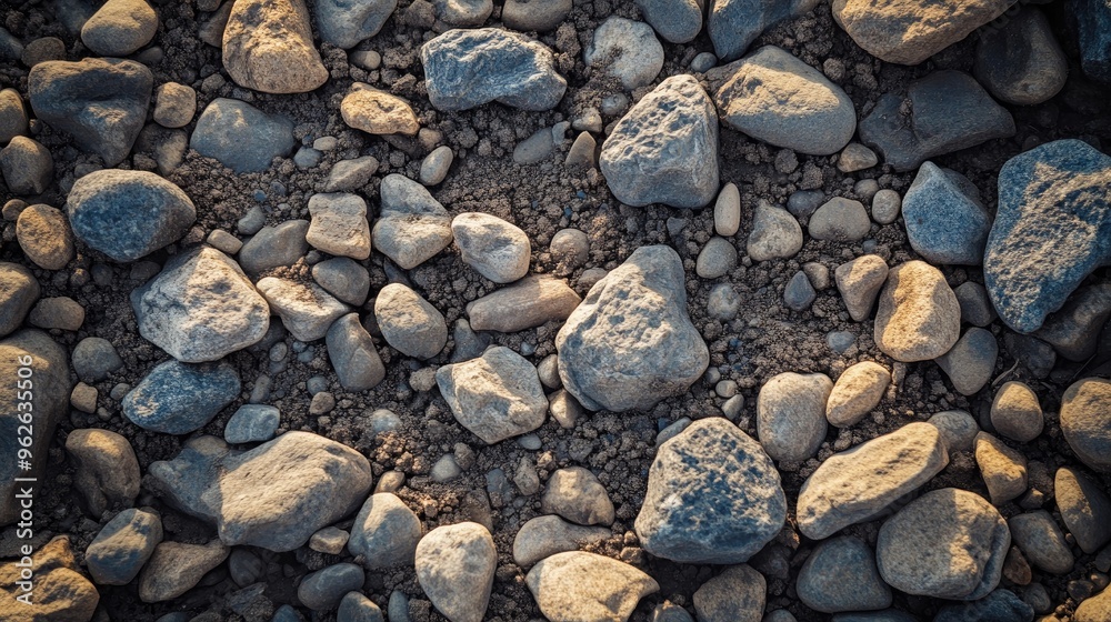 A close-up of a textured rocky ground with different sizes and shapes of stones, under a bright natural light A close-up of a textured rocky ground with different sizes and shapes of stones, under a bright natural light