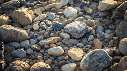 A close-up of a textured rocky ground with different sizes and shapes of stones, under a bright natural light