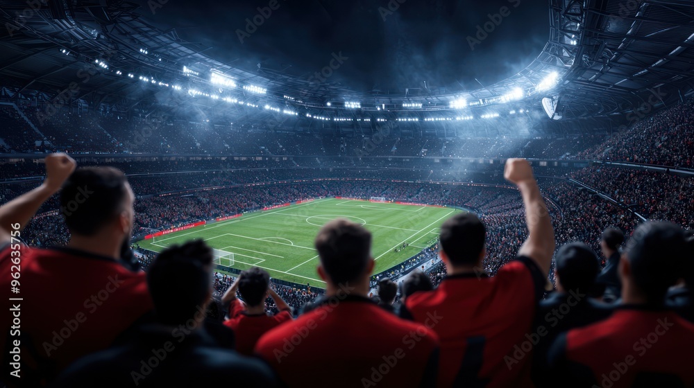 Thrilling Football Stadium with Cantilevered Seating, Bright Floodlights, and Intense Atmosphere at Night Game in 8K Resolution Thrilling Football Stadium with Cantilevered Seating, Bright Floodlights, and Intense Atmosphere at Night Game in 8K Resolution