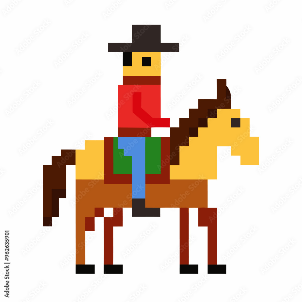 Obraz premium Pixel Art Cowboy Riding Horse in Retro 8 Bit Style Illustration