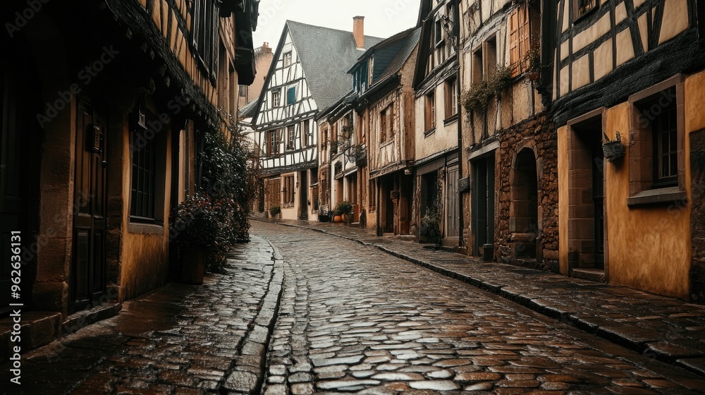 Fototapeta premium A cobblestone street in an old European town, with intricate patterns and textures, creating a historic ambiance
