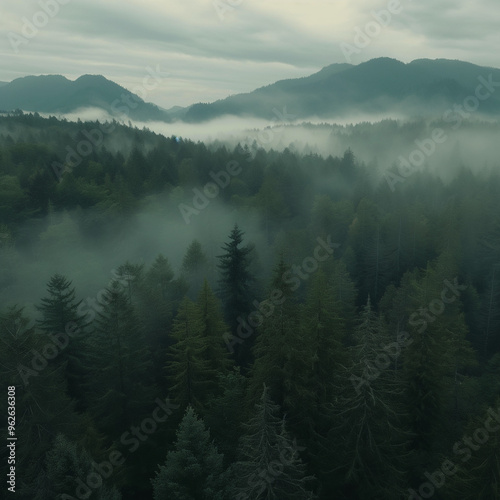 Misty morning in the mountains, fog over the mountains, Cinematic aerial shot of a misty forest with pine trees and mountains in the background