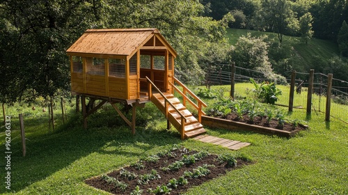 An elevated chicken coop with a ramp leading down to a fenced yard, surrounded by green grass and a vegetable garden photo