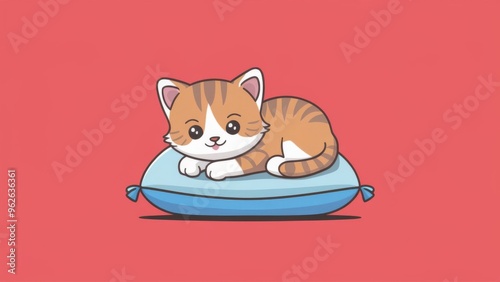 Adorable cartoon-style cat lying comfortably on a blue cushion set against a pink background. Concept of pets and relaxation.