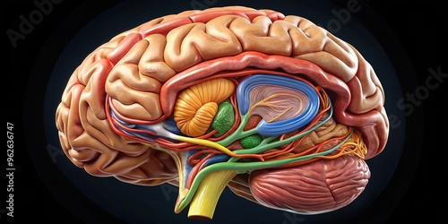 Illustration of the human brain's tentorium cerebelli, a fold of dura mater separating the cerebellum and cerebral hemispheres, highlighting its intricate anatomical structure. photo