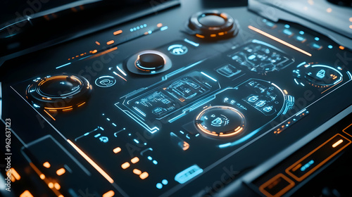 Futuristic Interface with Blue and Orange Neon Lights 3D Illustration