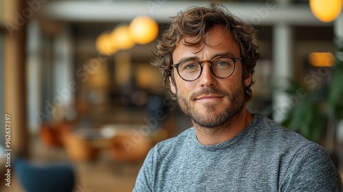 A man with glasses and curly hair smiles while sitting in a cozy modern café during the day