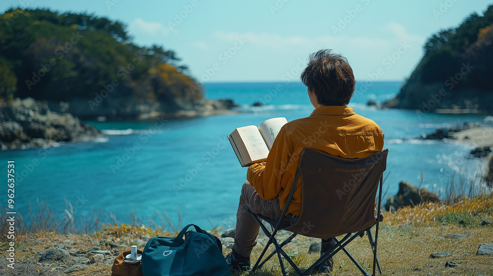 Fototapeta premium 海岸でチェアリングをする男性