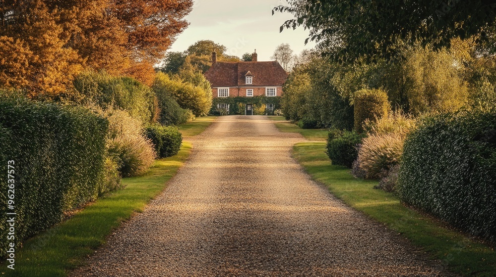 A gravel driveway leading up to a country house, bordered by trees and bushes, with a rural charm and peaceful atmosphere A gravel driveway leading up to a country house, bordered by trees and bushes, with a rural charm and peaceful atmosphere