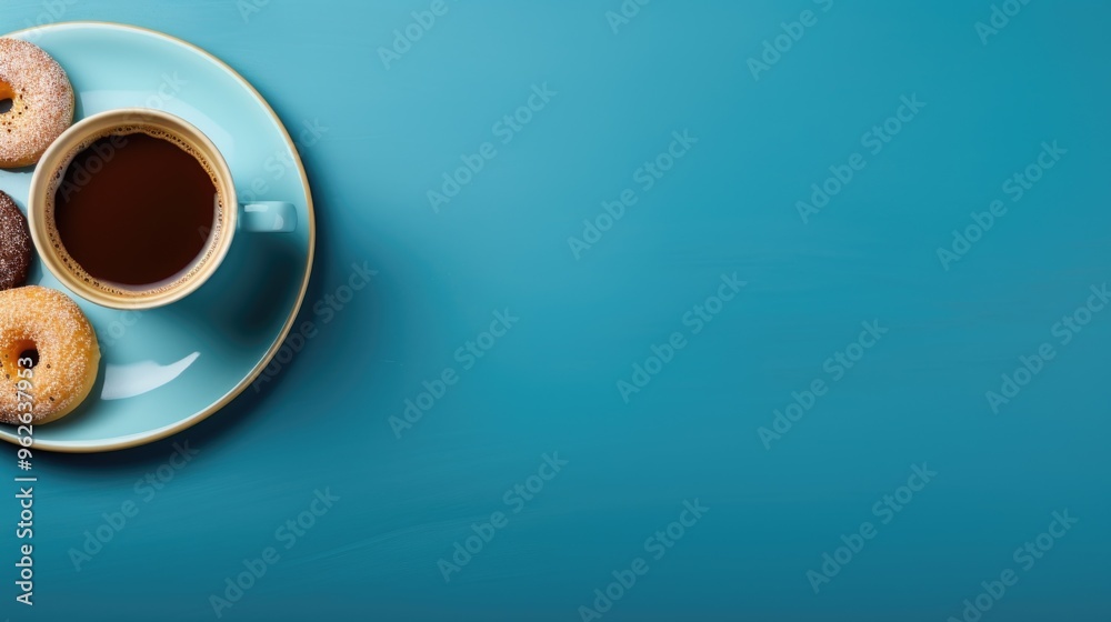 Morning Coffee and Donuts on Blue Background Morning Coffee and Donuts on Blue Background