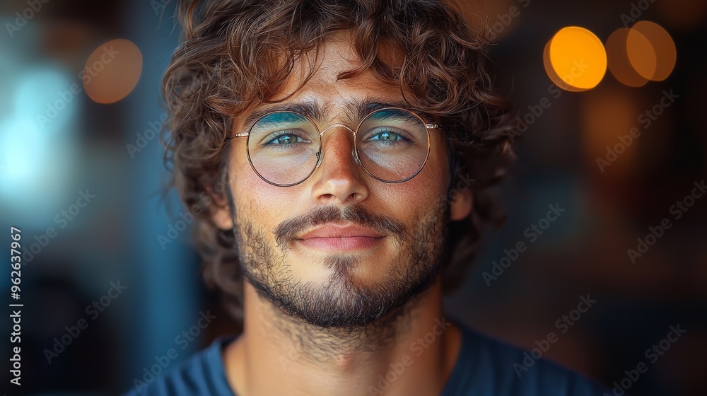 A young man with curly hair and glasses smiles warmly in a cafe during the late afternoon, surrounded by soft lighting and a cozy atmosphere A young man with curly hair and glasses smiles warmly in a cafe during the late afternoon, surrounded by soft lighting and a cozy atmosphere