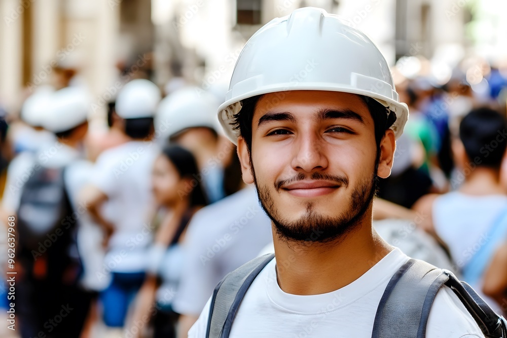 Construction Worker Portrait with Hardhat and Backpack Construction Worker Portrait with Hardhat and Backpack