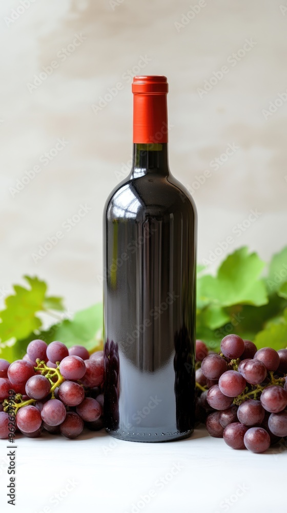 Obraz premium Red wine bottle and grapes, alcohol drink on white background with copy space