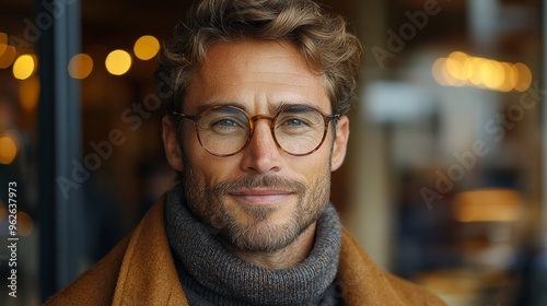 A young man with glasses and curly hair smiles warmly while wearing a cozy sweater and scarf in a softly lit café setting