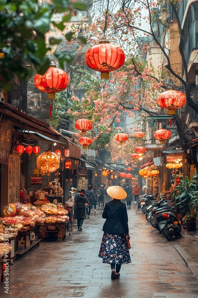 Obraz premium Asian Woman Walking Through Street Decorated With Red Lanterns And Pink Flowers