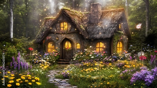 A quaint cottage nestled in a lush, magical forest, illuminated by twinkling lights and surrounded by a vibrant flower garden.