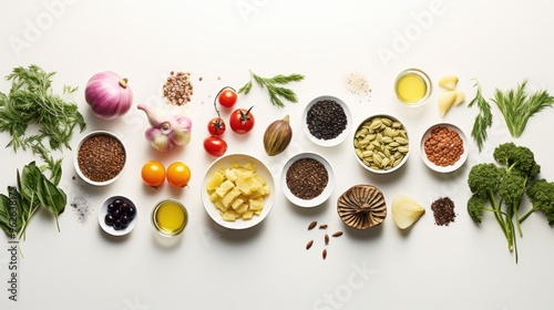 Assorted Fresh Vegetables, Herbs, and Healthy Grains on a Clean Background