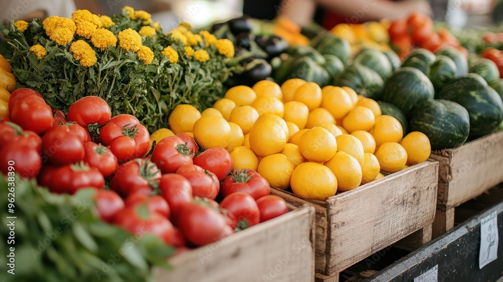A farmer's market stall with organic and locally sourced produce, vibrant colors, eco-conscious shoppers browsing, A farmer's market stall with organic and locally sourced produce, vibrant colors, eco-conscious shoppers browsing,
