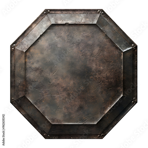 Octagonal Metal Plate with Worn Surface and Rivets