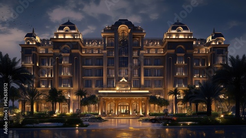 A luxury five-star hotel exterior with grand architecture, illuminated at night with welcoming lights