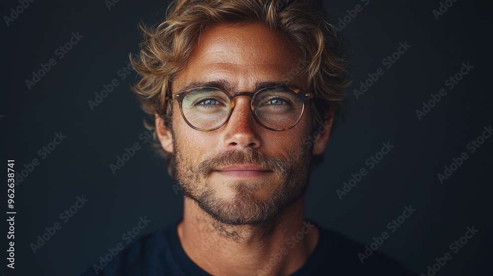 Young man with glasses and wavy hair smiles confidently against a dark background Young man with glasses and wavy hair smiles confidently against a dark background