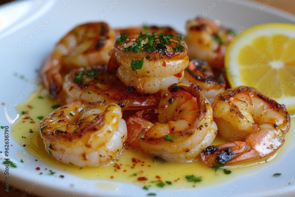 Grilled Shrimp with Lemon and Herbs Close-up on Plate Grilled Shrimp with Lemon and Herbs Close-up on Plate