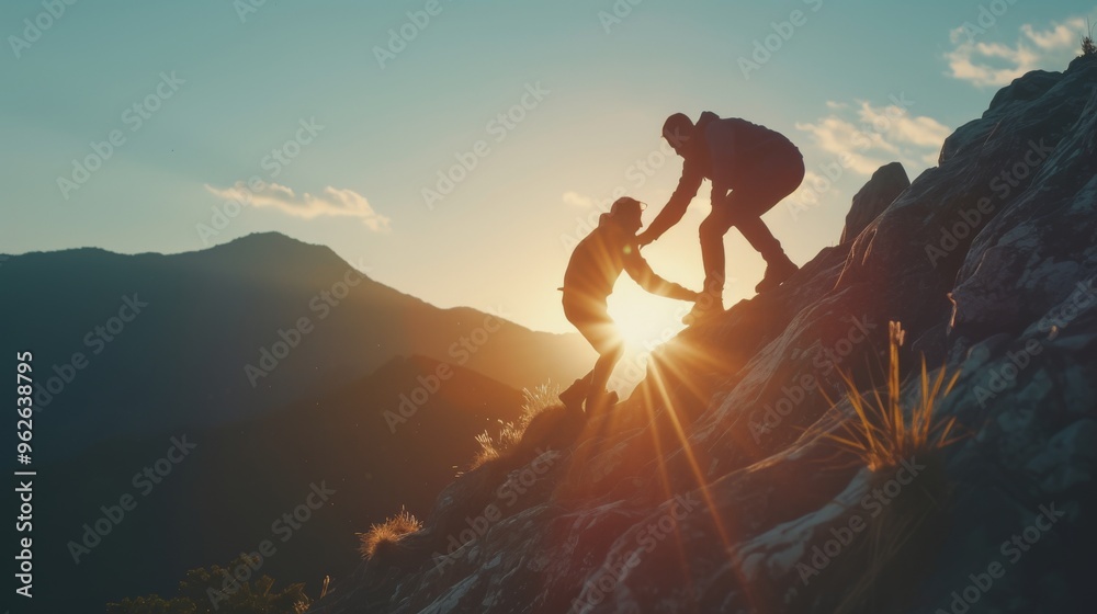A person extends a helping hand to another climber on a rocky mountain slope at sunrise. The sun's rays create a dramatic backlight, emphasizing teamwork, support, and the adventure of mountain A person extends a helping hand to another climber on a rocky mountain slope at sunrise. The sun's rays create a dramatic backlight, emphasizing teamwork, support, and the adventure of mountain
