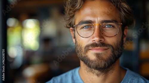 A young man with glasses and a beard smiles confidently in a cozy café setting during the morning hours